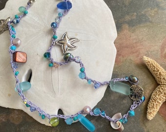 Sea Glass Bracelet, Crocheted Sea Glass Bracelet, Pearls, Cultured Sea glass, Swarovski Crystals, Beach Sea glass Bracelet. Boho Crochet