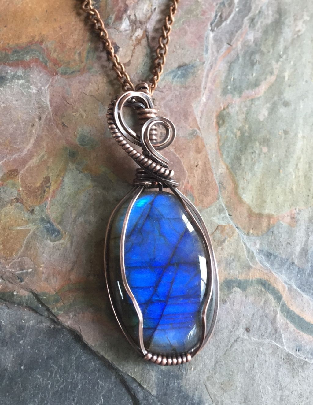 Wire Wrapped Labradorite Necklace in antique Copper,Blue Flashing ...