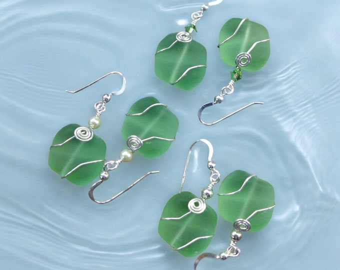 Unique green sea glass earrings with sterling silver ,Handmade green sea glass dangle earrings, Green sea glass Beach Wedding jewelry