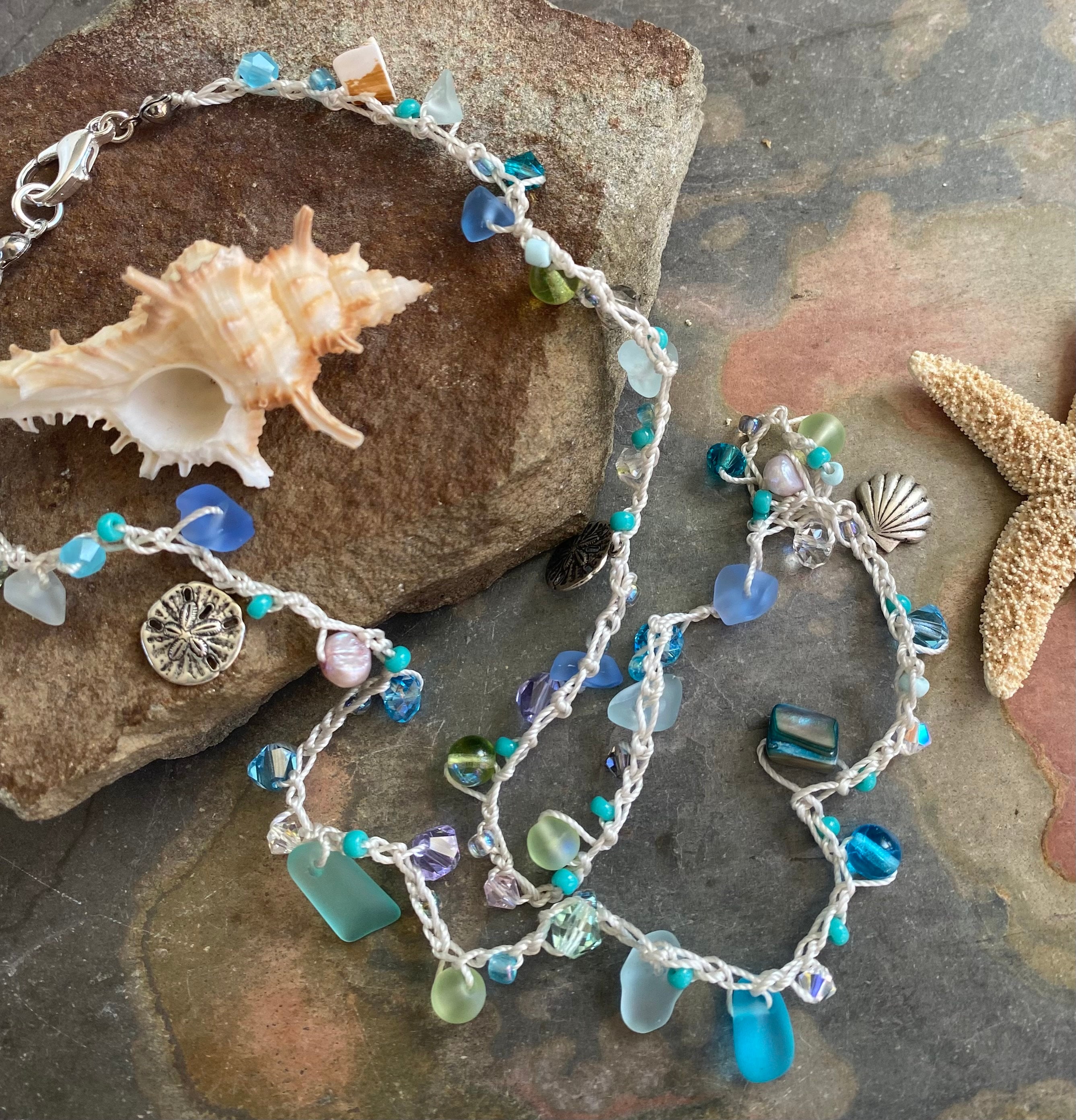 Sea Glass Bracelet, Crocheted Sea Glass Bracelet, Pearls, Cultured Sea glass,  Swarovski Crystals, Beach Sea glass Bracelet. Boho Crochet