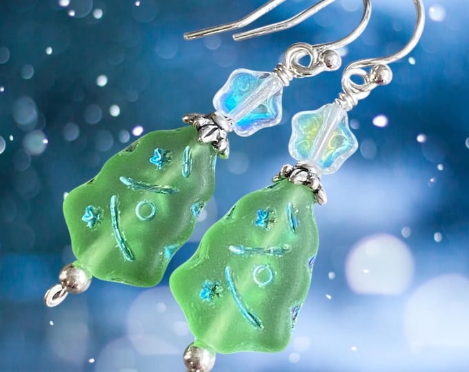 Green Christmas Tree Earrings, Holiday Accessory Festive Jewelry, Green Tree Sterling Silver Dangle