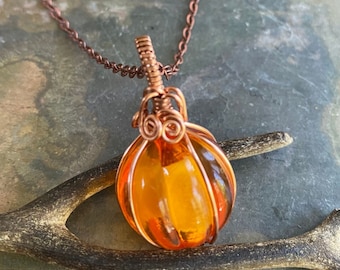 Orange Pumpkin Necklace ,Halloween Necklace in Natural Copper Wire, Pumpkin Necklace, Fall/Autumn Harvest Pumpkin Jewelry, Pumpkin Pendant