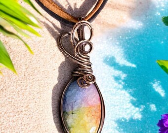 Rainbow Rainbow Quartz Crystal Necklace,Wire Wrapped Raw Quartz Necklace in Copper, Titanium Rainbow Aura Quartz Crystal  Healing Jewelry