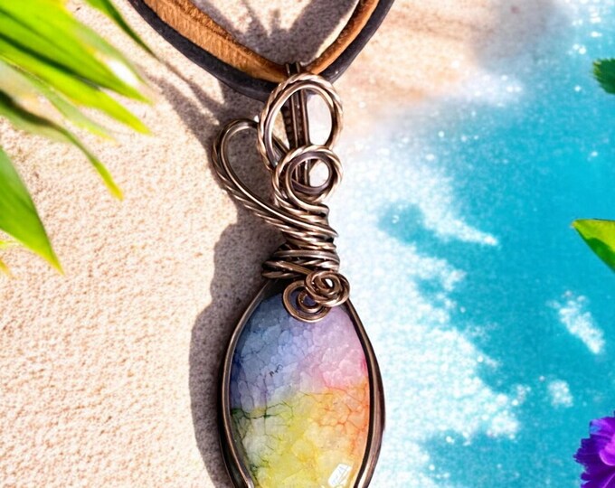 Rainbow Rainbow Quartz Crystal Necklace,Wire Wrapped Raw Quartz Necklace in Copper, Titanium Rainbow Aura Quartz Crystal  Healing Jewelry