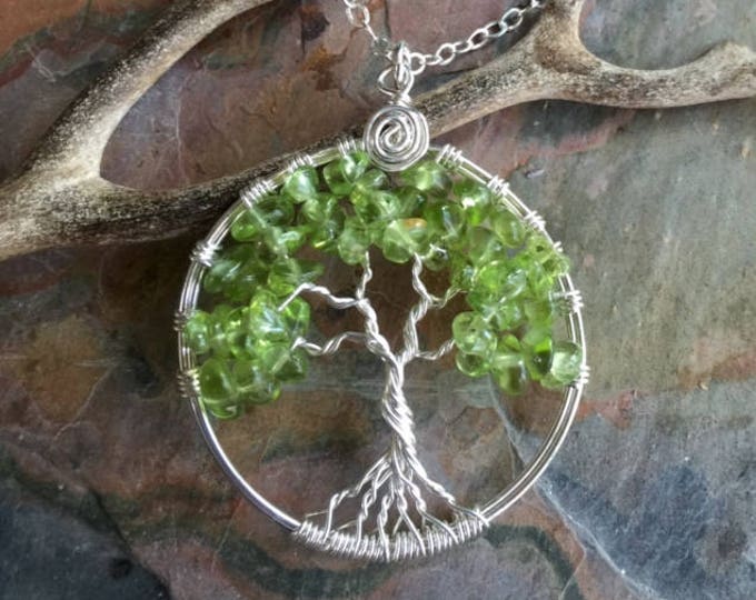 Peridot Tree of Life Pendant Necklace with Sterling Silver Chain -Wire Wrapped Peridot Gemstone Necklace- August Birthstone Pendant Necklace