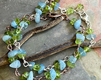 Aquamarine Bracelet, Wired Peridot Bracelet, Linked Aquamarine/Peridot Bracelet in Sterling Silver, March and August Birthstone Necklace