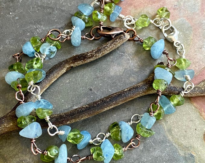 Aquamarine Bracelet, Wired Peridot Bracelet, Linked Aquamarine/Peridot Bracelet in Sterling Silver, March and August Birthstone Necklace