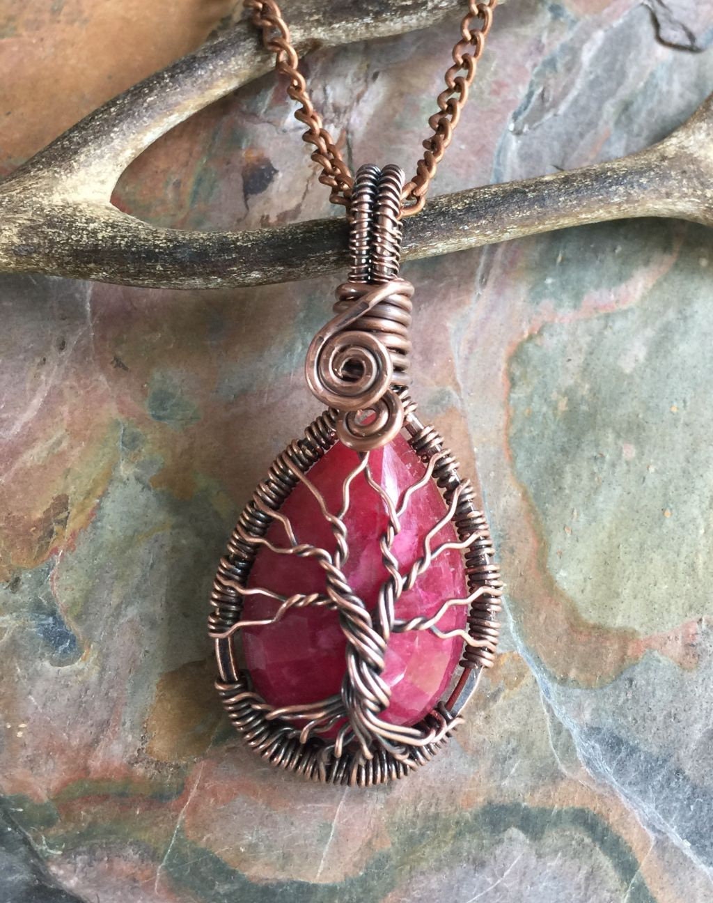 Wire Wrapped Ruby Necklace in Antiqued Copper,Genuine Ruby Tree of Life