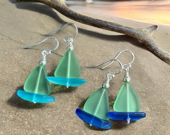 Peridot Green Sea Glass Earrings in Silver, Sailboat Earrings, Coastal Jewelry
