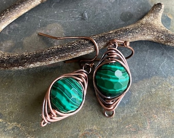 READY SHIP, Wire Wrapped Malachite Earrings in Antiqued Copper, Green Malachite Earrings,Malachite dangle Earrings,Malachite Copper earrings