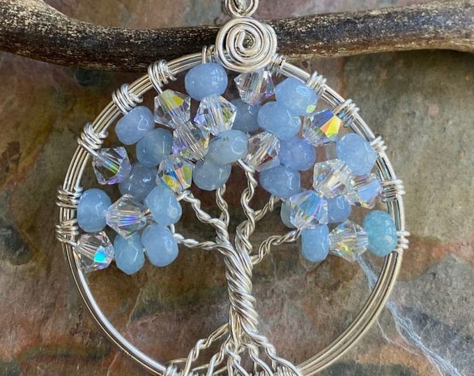 Aquamarine Crystal Tree of Life Necklace Sterling Silver,March Birthstone Necklace,April Birthstone Necklace, Aquamarine Crystal Necklace