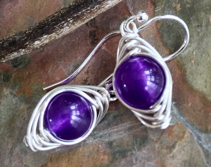 Handmade Amethyst Earrings in Sterling Silver, Wire Wrapped Amethyst Dangling Earrings, Herringbone weaved February Birthstone Earrings,