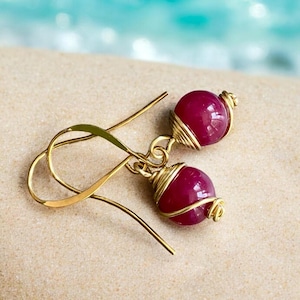 Red Ruby Earrings in Gold, July Birthstone Earrings, Elegant Ruby Drop Earrings, Handcrafted  Wire Wrapped  Ruby July Birthstone Gift Idea