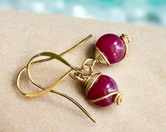 Red Ruby Earrings in Gold, July Birthstone Earrings, Elegant Ruby Drop Earrings, Handcrafted  Wire Wrapped  Ruby July Birthstone Gift Idea
