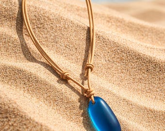 Teal Blue Sea Glass Choker Necklace, Adjustable Leather Cord, Coastal Surfer Jewelry
