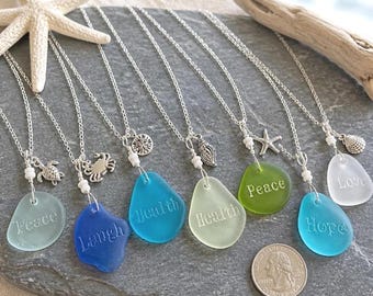 Engraved Sea Glass Pendant Necklace, Beachy Ocean Charm, Silver Chain, Hope Health Peace