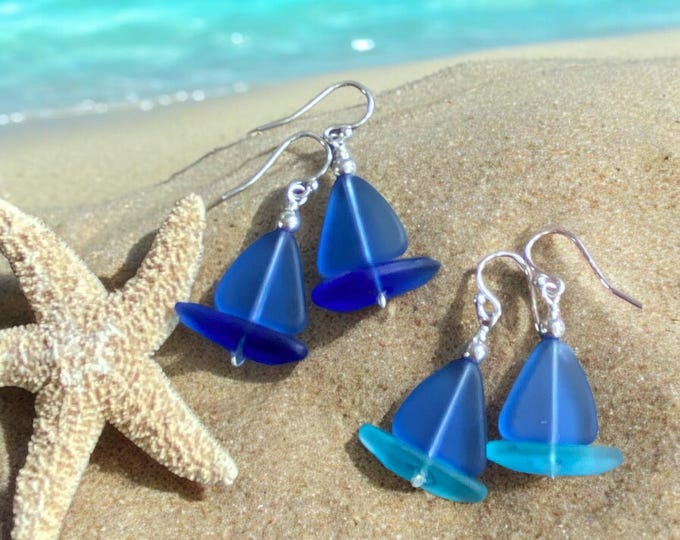 Light Sapphire Blue Sea Glass Earrings, STERLING SILVER Sailboat Sea Glass Earrings, Blue Sea Glass Earrings, Beach Weddings,, Sea glass