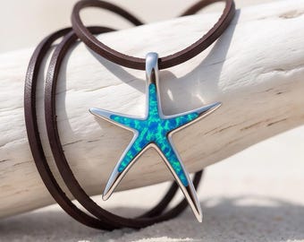 Opal Starfish Necklace, Sterling Silver Sea Star Pendant, Deerskin Leather Cord, Beach Jewelry