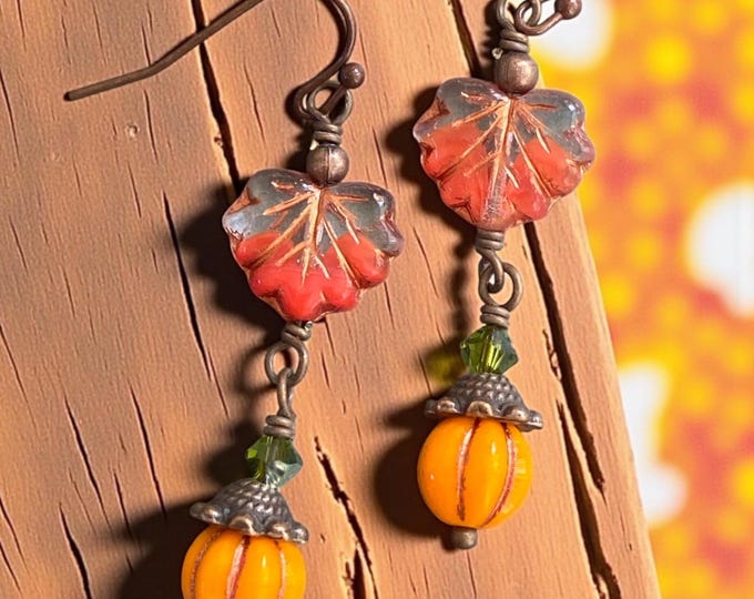 Autumn Dangle Earrings, Fall Accessory Maple Leaf Jewelry, Wire Wrapped Autumn Earrings,  Pumpkin Charm Thanksgiving Accessories,