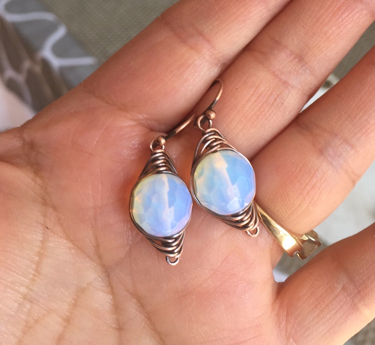 Wire Wrapped Opalite Earrings in Antiqued Copper, Wire Wrapped Blue ...