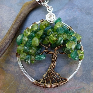 Tree of Life Pendant Necklace-Peridot/DarkJade Tree of Life Necklace,Wire Wrapped Gemstone Pendant, August Birthstone Tree  TLN-PERDJAD-SBPL