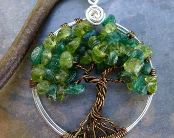 Tree of Life Pendant Necklace-Peridot/DarkJade Tree of Life Necklace,Wire Wrapped Gemstone Pendant, August Birthstone Tree  TLN-PERDJAD-SBPL