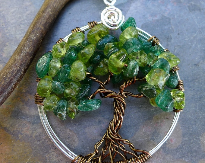 Tree of Life Pendant Necklace-Peridot/DarkJade Tree of Life Necklace,Wire Wrapped Gemstone Pendant, August Birthstone Tree  TLN-PERDJAD-SBPL