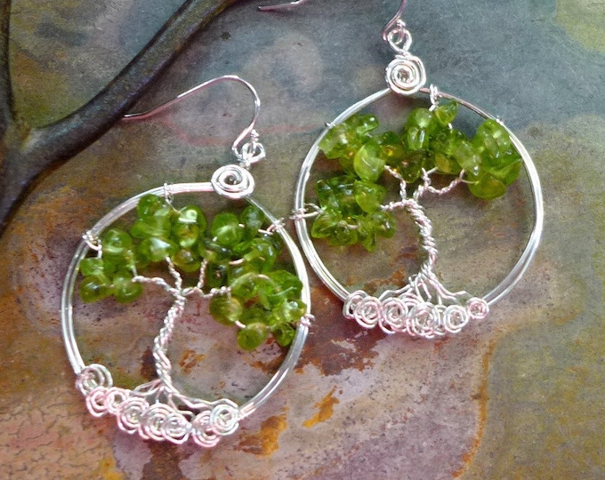 Peridot Tree of Life Sterling Silver Earrings, Green Christmas Peridot Earrings, Peridot Tree of Life Dangle Earrings,August Birthstone Tree