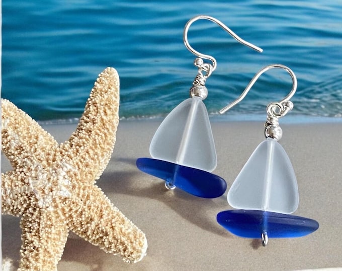 Sailboat Sea Glass Earrings in Sterling Silver, Beach glass Earrings, Ocean-Inspired Crystal White Sea Glass Sailboat Earrings