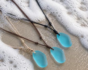 Aqua Blue Sea Glass Necklace, Adjustable Macrame Cord Pendant, Beach Surfer Jewelry
