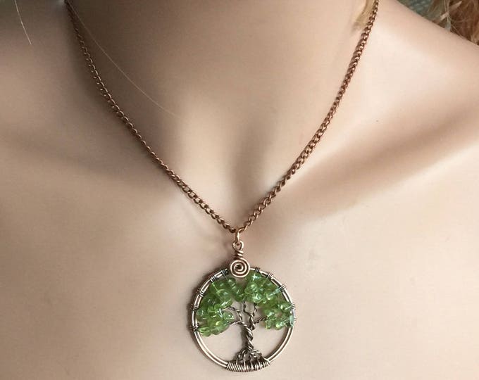 Petite-Mini-Small Peridot Tree of Life Pendant Antiqued Copper,Wire Wrapped Peridot Tree of life Necklace,August Birthstone,Graduation Gift