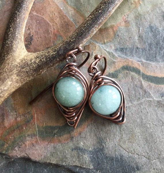 Aquamarine Earrings Sterling Silver wire Wrapped Herringbone