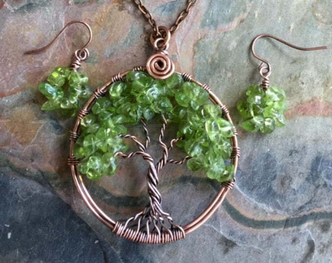 Peridot Tree of Life Necklace and Earring SET, August Birthstone Necklace & Earring SET, August Birthday Jewelry Gifts for Women,