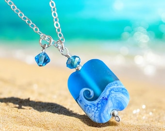 Ocean Beach Wave Necklace, Blue Beach Wave Necklace,Ocean Wave Lampwork Pendant, Beach Wave Jewelry, Blue Sea Glass Necklace sterling silver