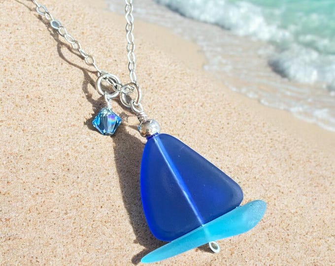Handmade Sail Boat Blue Sea Glass Necklace in Sterling Silver, Blue Sea Glass Necklace, Beach-inspired blue sea glass Sail Boat Necklace