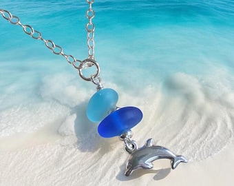 Dolphin Charm Sea Glass Necklace, Beach Glass Pendent with Dolphin charm Jewelry, Gift Idea for Ocean Theme Coastal Style Marine Jewelry