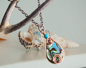 Abalone Pendant, Abalone Necklace, Wire Wrapped Abalone, Abalone Jewelry, Rainbow Abalone Necklace, Necklace for Women, Summer Necklace