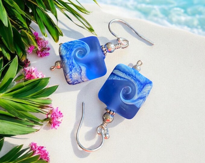Blue Ocean Wave earrings in Sterling Silver, Blue Beach Wave Earrings ,Ocean Wave Lampwork Glass Earrings, Blue Sea Glass Earrings
