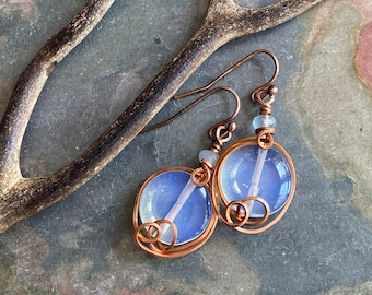 Wire Wrapped Opalite Dangle Earrings: Antiqued Copper Jewelry