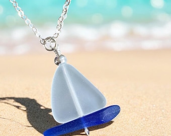Sea Glass Sailboat Jewelry Set: Sterling Silver Necklace and Earrings, Coastal Jewelry