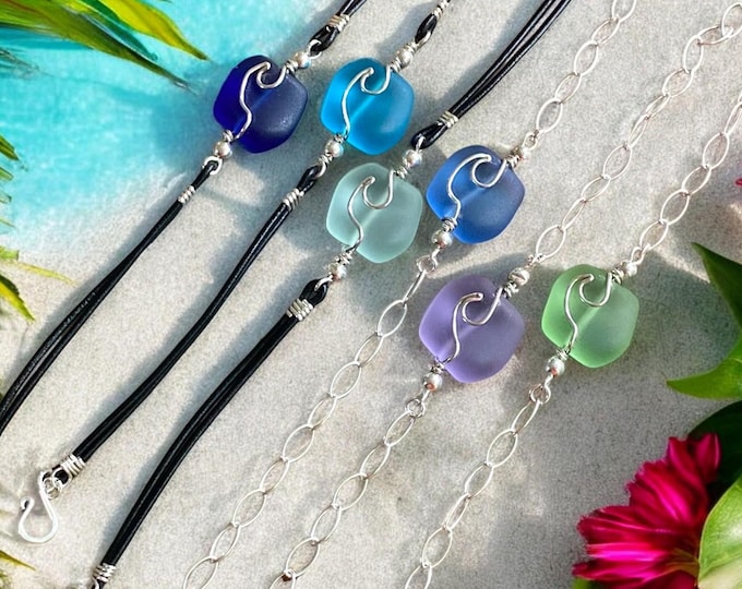 Sterling Silver & Leather Sea Glass Bracelet, Beach Glass Ocean Wave Bracelet, Ocean Wave Bracelet ,Beach Jewelry, Nautical Bracelet,