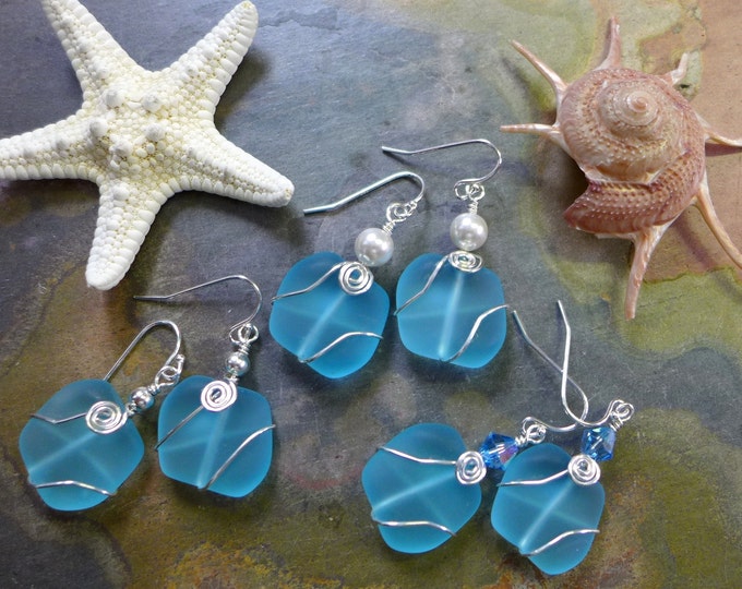 Beach Earrings,Aqua Blue Sea Glass Earrings in Sterling Silver, Aqua Blue Sea Glass Earrings, Beach Weddings, Aqua Blue  Dangling  Earrings