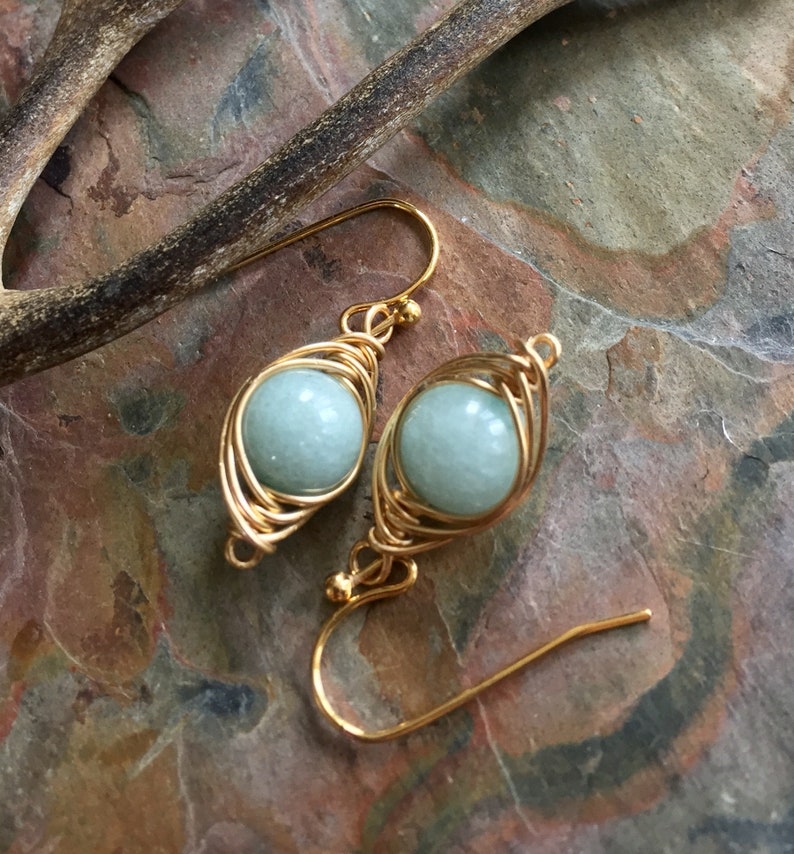 Aquamarine Earrings Sterling Silver,Wire Wrapped Herringbone Aquamarine Earrings,Aquamarine Dangle Earrings,March Birthstone earrings Gold image 8