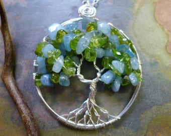 Sterling Silver Tree of Life Pendant: Aquamarine Peridot Gemstone Necklace