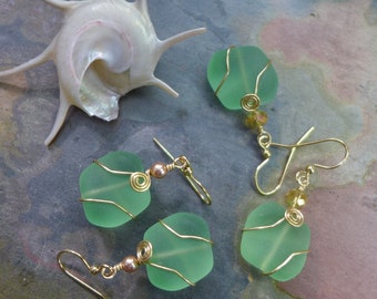 Green Sea Glass Silver Earrings- Recycled Green Glass Earrings in Gold  Earwires, Beach Weddings, Beach Glass Earrings,