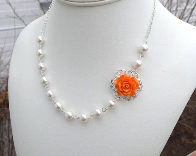 Bridesmaid Orange Floral Pearl Necklace, Bridesmaid Gift Necklace,Asymmetrical Flower Pearl Necklace, Pearl Necklace & Earrings,Bridesmaid