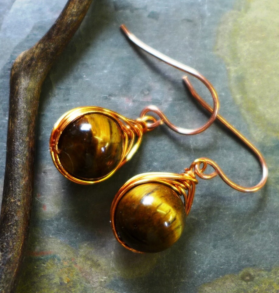 Tiger Eye Earrings, Wire Wrapped Earrings, Wire Wrapped Tiger Eye ...