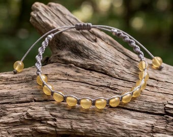 Golden Citrine Macrame Bracelet, Genuine Gemstone, Boho Unisex Jewelry, November Birthstone
