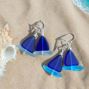 Sterling Silver Sailboat Earrings: Cobalt Blue Recycled Sea Glass