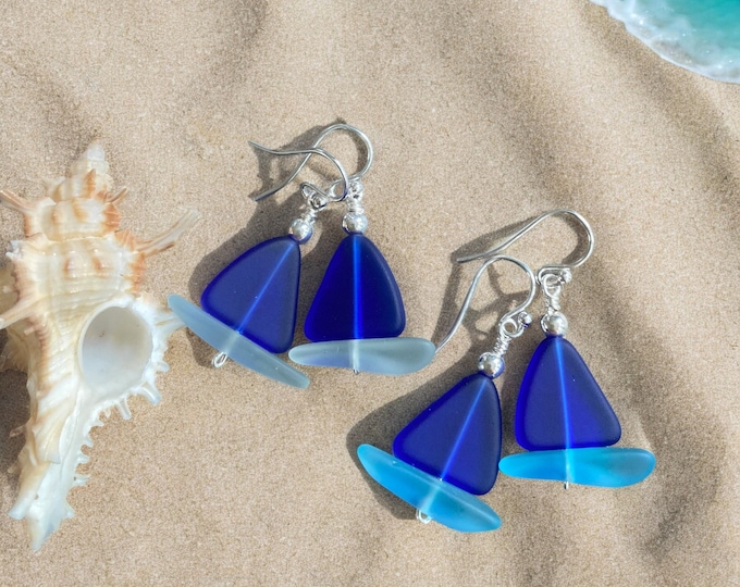 STERLING SILVER Sailboat Sea Glass Earrings, Cobalt Blue Sea Glass Earrings, Blue Sea Glass Earrings, Beach Weddings,, Sea glass